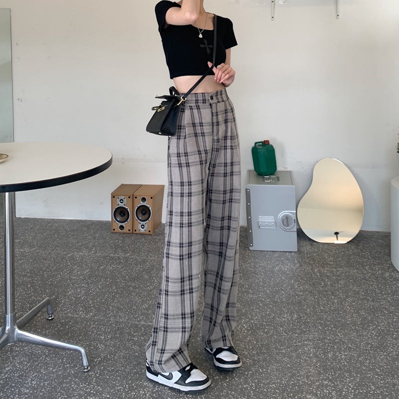 Plaid Pants Women Wide Legs High Waist Down Feeling Small