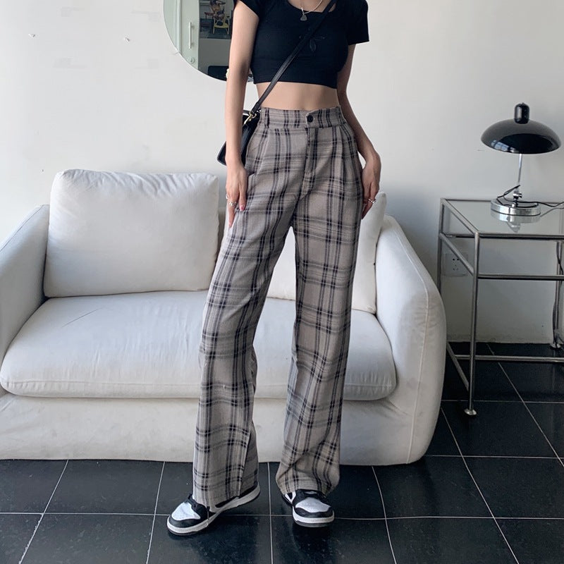 Plaid Pants Women Wide Legs High Waist Down Feeling Small