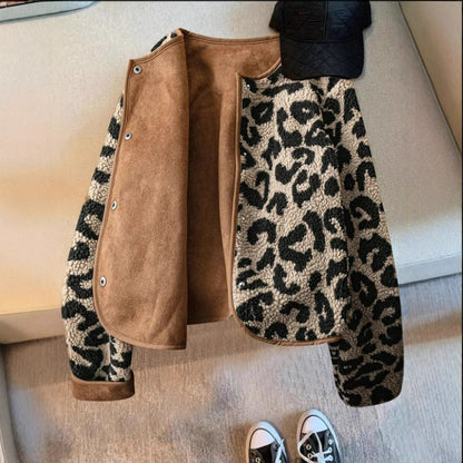 Casual Leather Leopard Print Coat Top