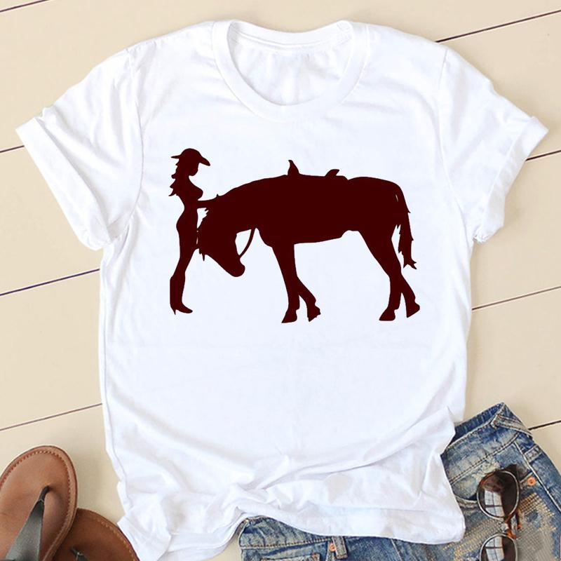 Horse Head Riding Simple Pattern Round Neck Printed White T-shirt