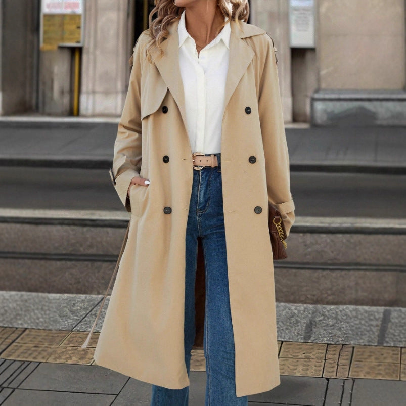 European And American Women's Clothing Double Breasted Belt Fleece Trench Coat Coat