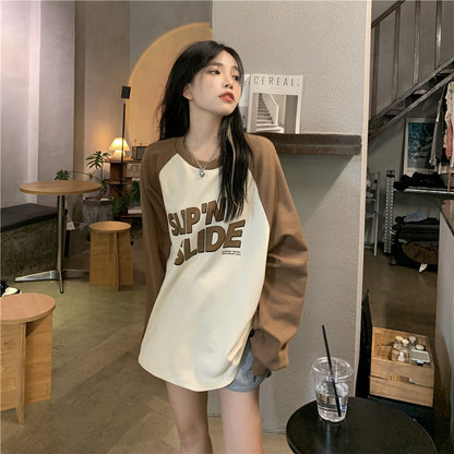 Loose And Slim Contrast Color Long Sleeve T-shirt For Women