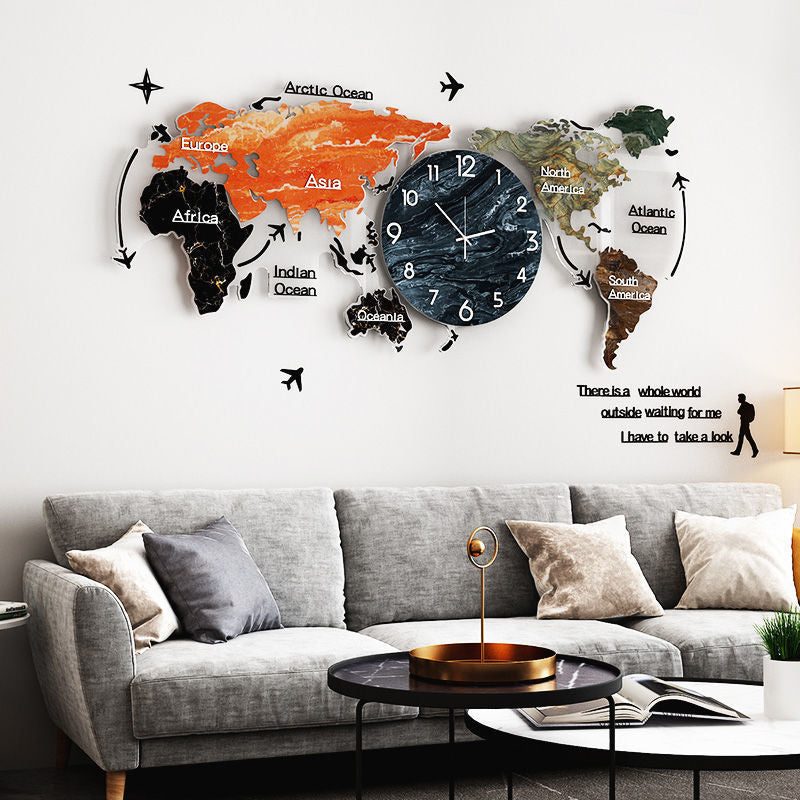 Reloj de pared de decoración de lujo ligero, reloj de mapa para el hogar y la sala de estar