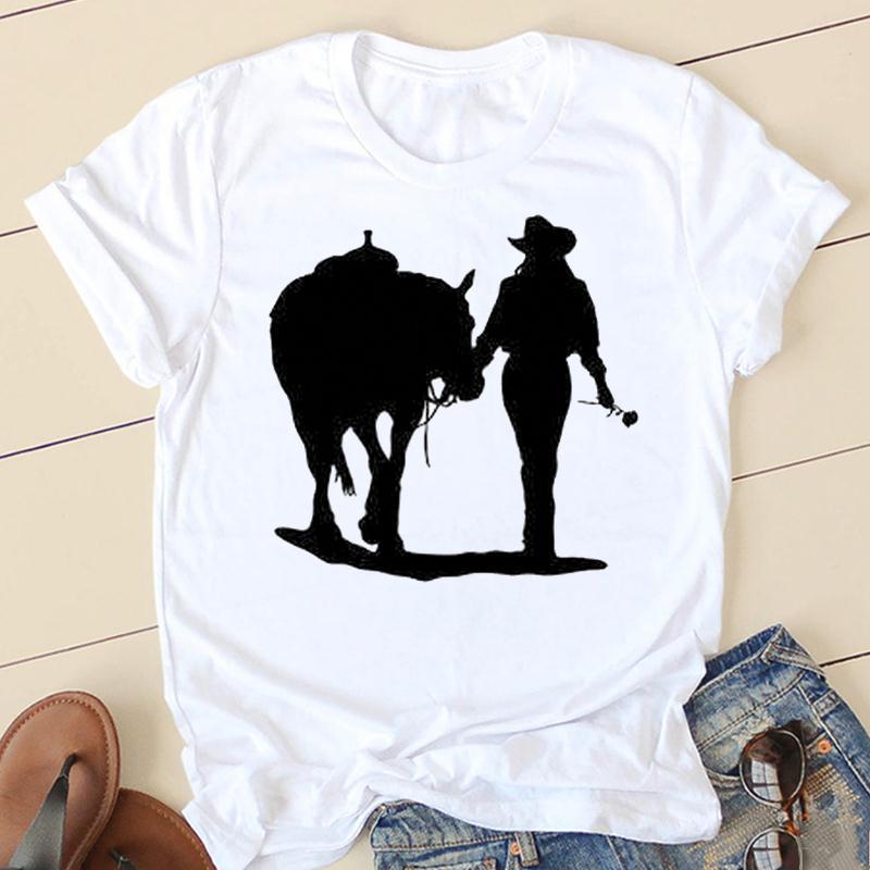 Horse Head Riding Simple Pattern Round Neck Printed White T-shirt