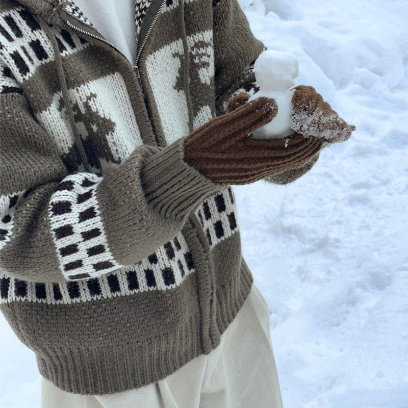 Jacquard Christmas Zipper Idle Style Cardigan Knitted Coat