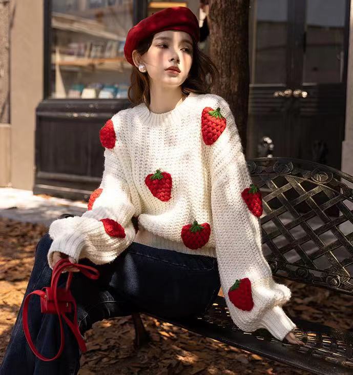 Sweaters Women's Clothing Loose Strawberry Crochet Knit