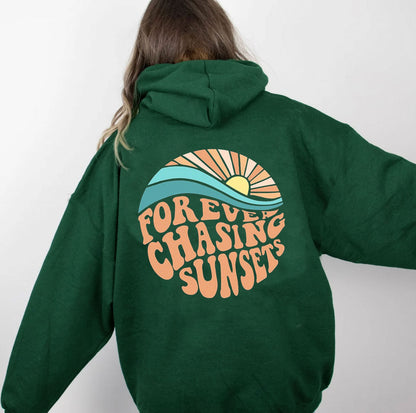 Sudadera con capucha con cordón y bolsillo canguro con estampado de puesta de sol y forro polar