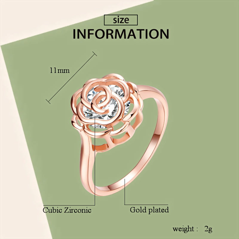 Bague Femme Cuivre Plaqué Or Blanc Zircon Rose Ajourée