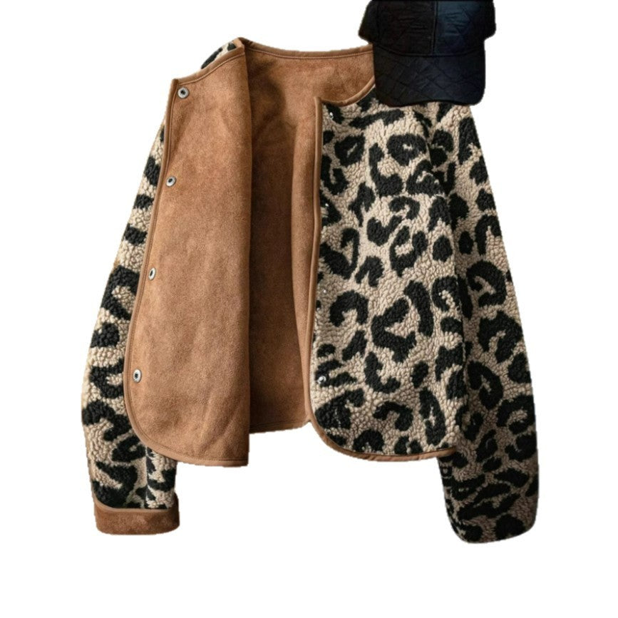 Casual Leather Leopard Print Coat Top
