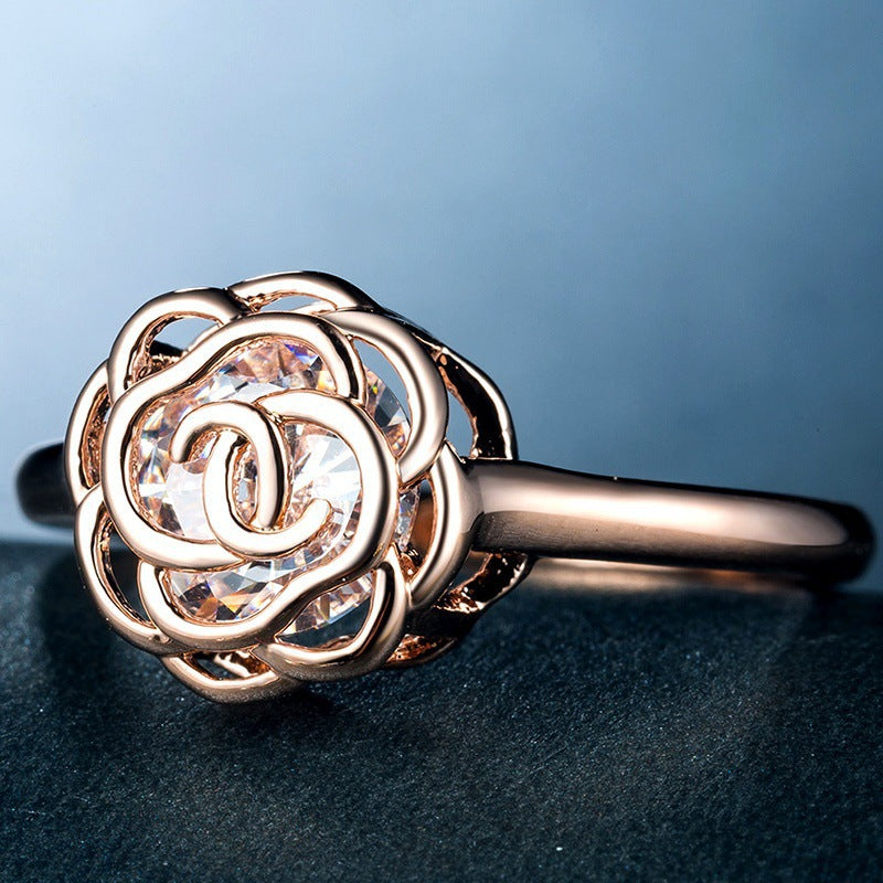 Copper White Gold Plated Zircon Ladies Openwork Rose Ring