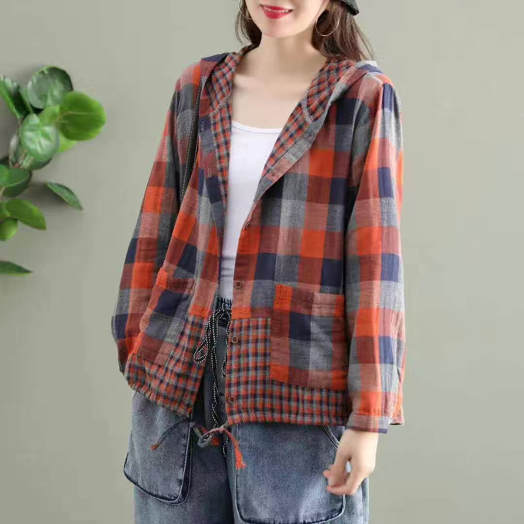 Literary Original Cotton Hooded Plaid Jacket