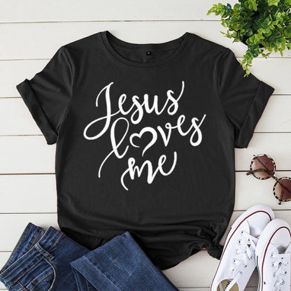 LOVES ME Letter Print T Shirt Women Short Sleeve O Neck Loo