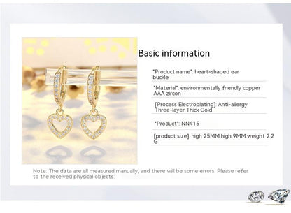 New French Retro S925 Sterling Silver Full Inlaid Love Heart Earrings High-grade Light Luxury Ear Clip Gold Plated