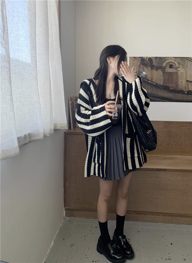 Cárdigan a rayas con capucha y cuello en V de otoño para mujer