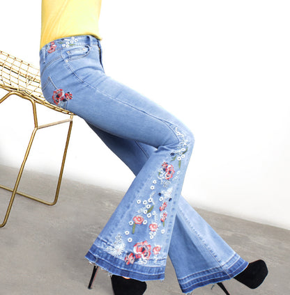 Denim Flared Pants Women Embroidered Embroidery