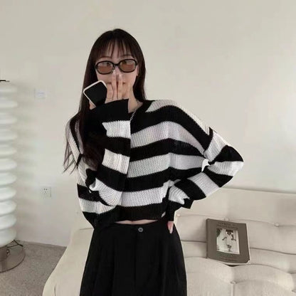 Short Top Women's Outer Wear Pullover Stripe Sweater