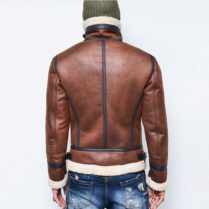 Men's Jacket Winter Highneck Warm Fur Liner Lapel Leather Zipper