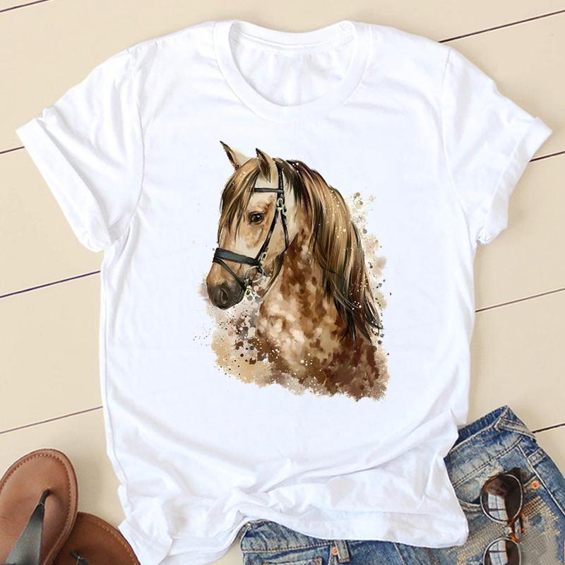 Horse Head Riding Simple Pattern Round Neck Printed White T-shirt
