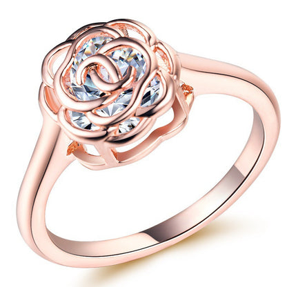 Bague Femme Cuivre Plaqué Or Blanc Zircon Rose Ajourée