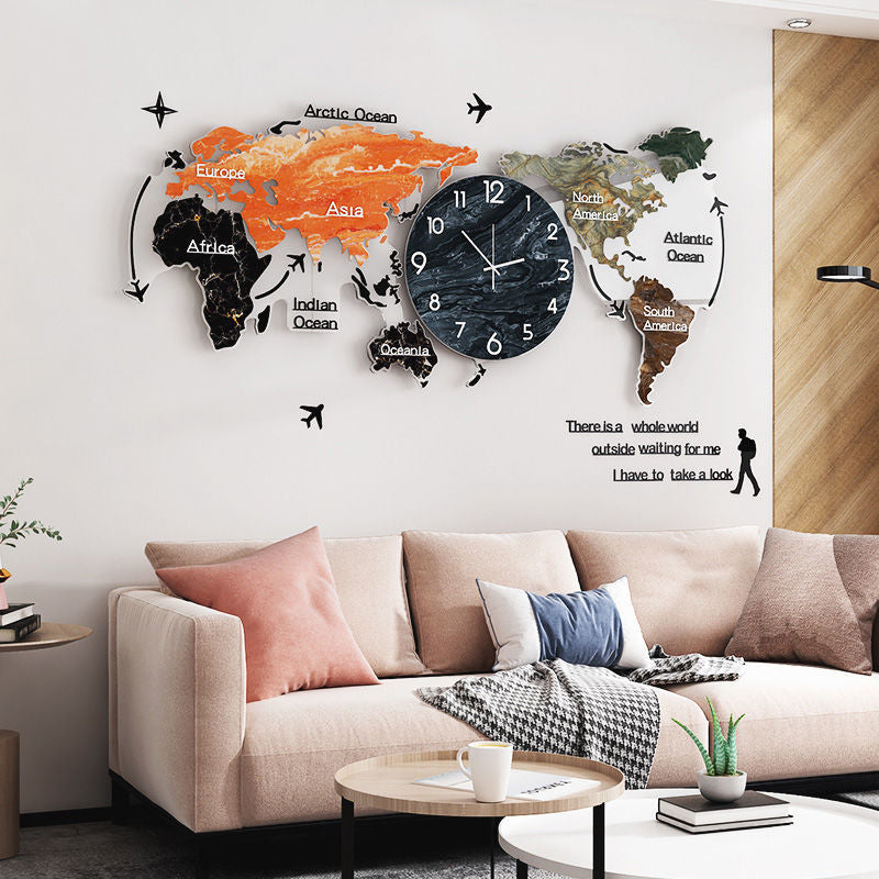 Reloj de pared de decoración de lujo ligero, reloj de mapa para el hogar y la sala de estar