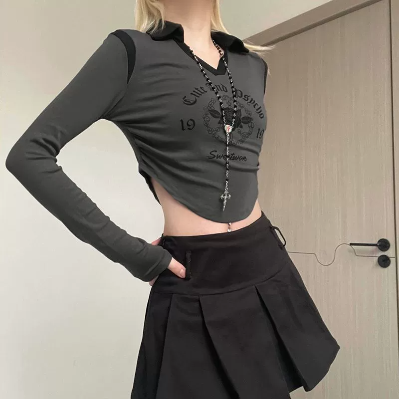 Long Sleeved T-shirt Women's Patchwork Lapel Short Top