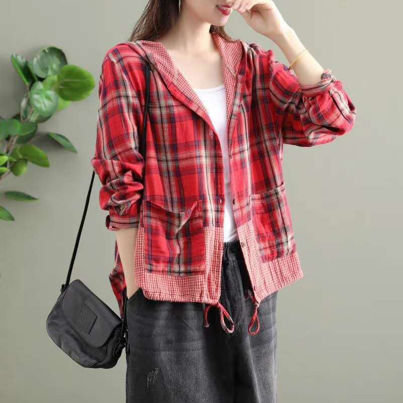 Literary Original Cotton Hooded Plaid Jacket