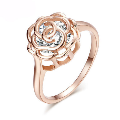 Copper White Gold Plated Zircon Ladies Openwork Rose Ring