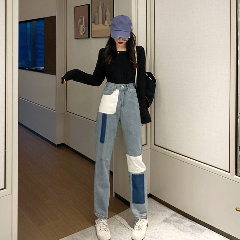 Straight pants stitching loose denim women