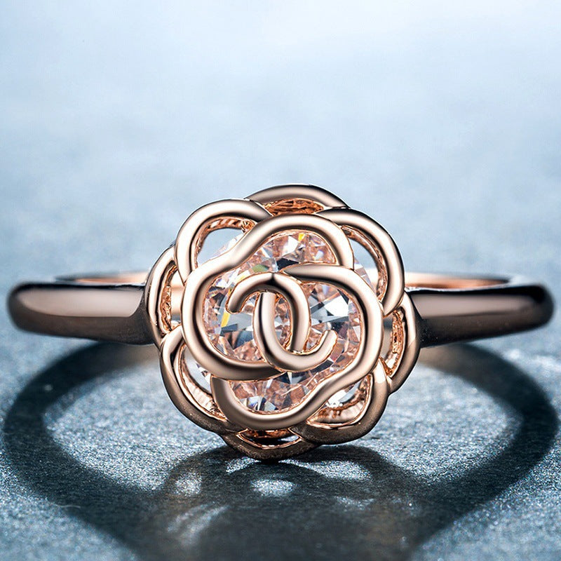 Copper White Gold Plated Zircon Ladies Openwork Rose Ring