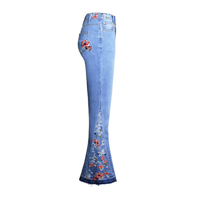 Denim Flared Pants Women Embroidered Embroidery