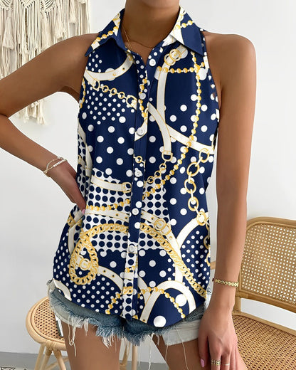 Summer Casual Fashion Shoulder-baring Sleeveless Abstract Printing Women's Shirt