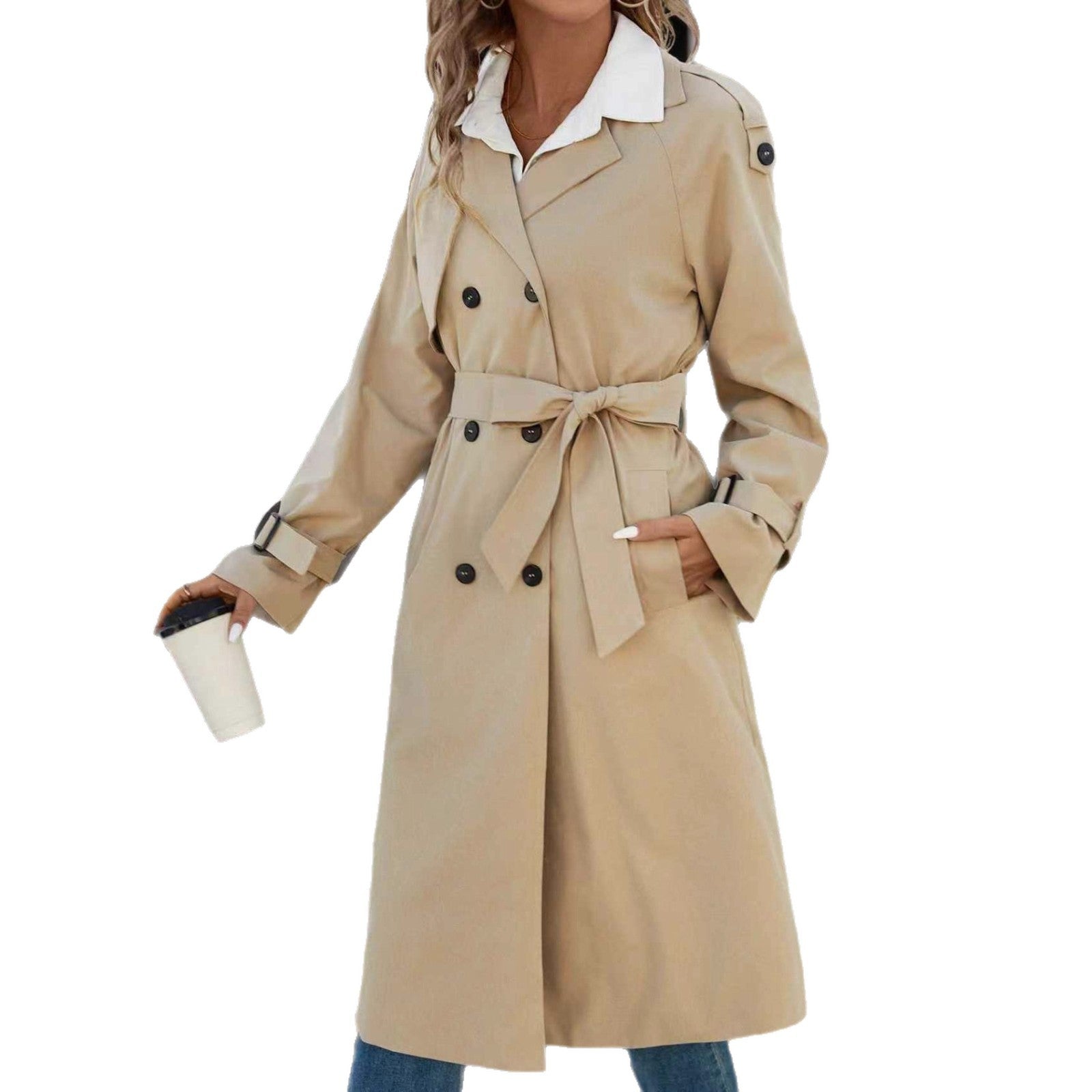 European And American Women's Clothing Double Breasted Belt Fleece Trench Coat Coat