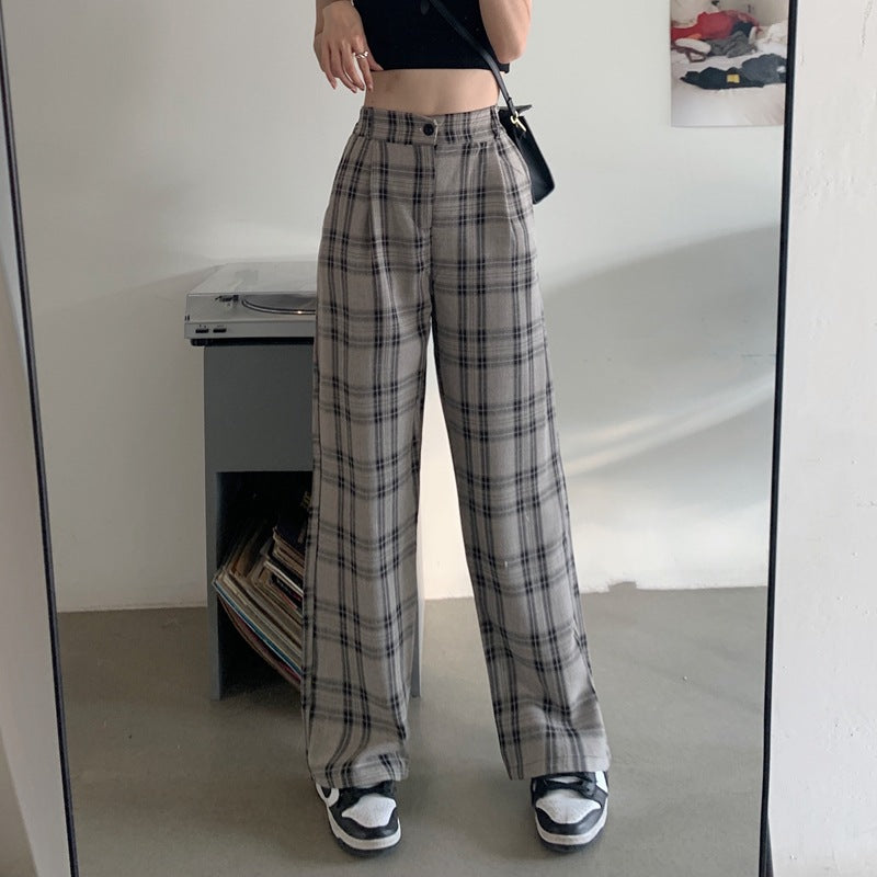 Plaid Pants Women Wide Legs High Waist Down Feeling Small