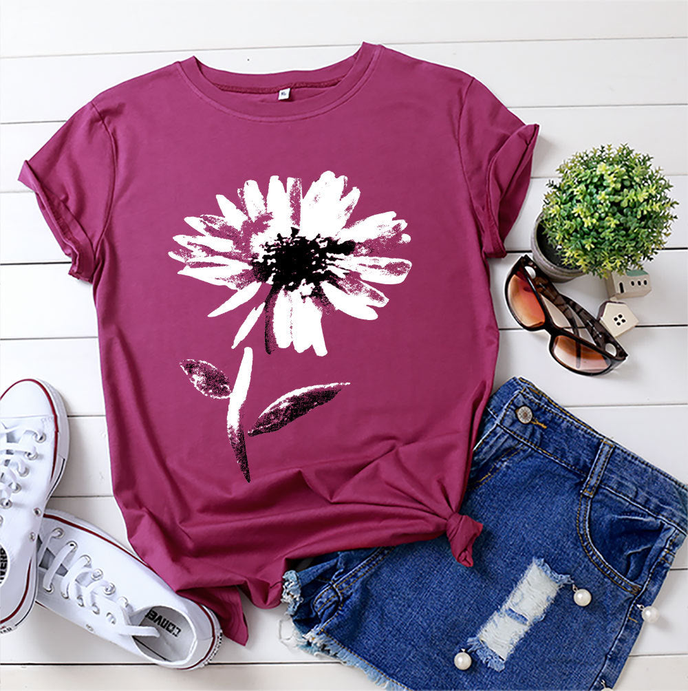 Women's Floral Printed Cotton Short-sleeved T-shirt Top