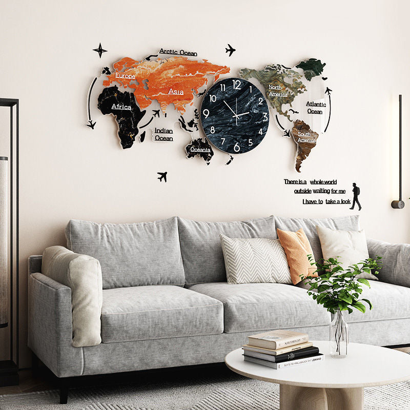 Reloj de pared de decoración de lujo ligero, reloj de mapa para el hogar y la sala de estar