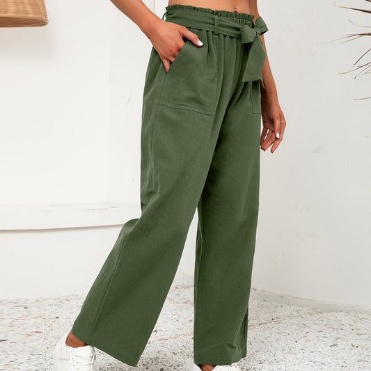 Pantalones de pierna ancha con lazo suelto informal de moda para mujer