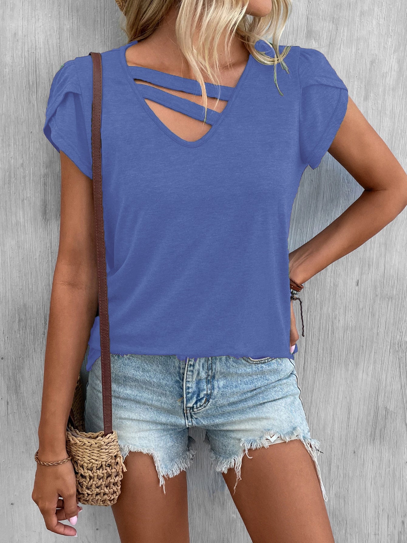 Women's Solid Color And V-neck Petal Sleeve Loose T-shirt