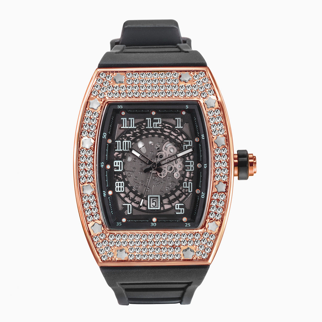 Reloj de hombre de cuarzo con banda de silicona Tonneau de diamantes completos