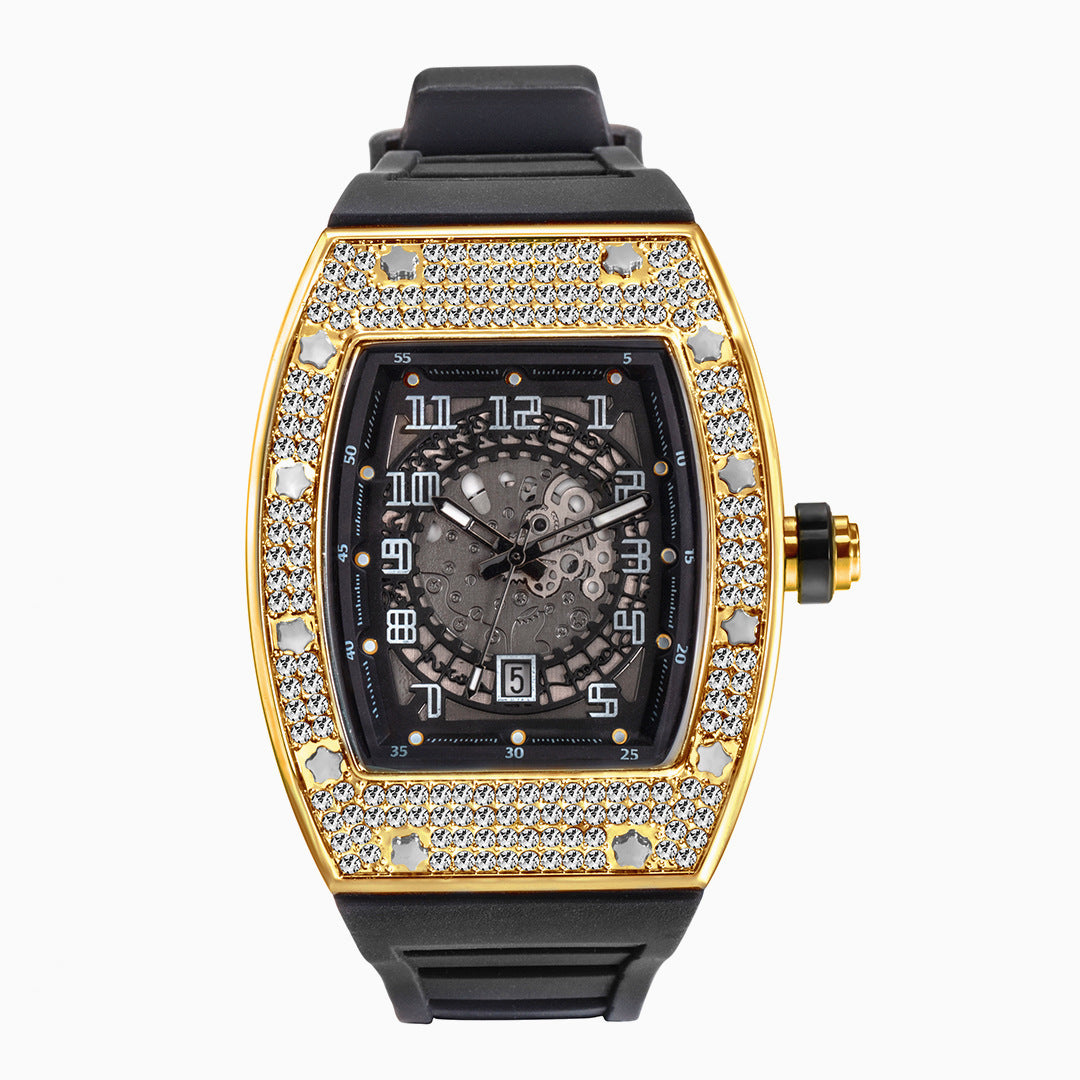 Reloj de hombre de cuarzo con banda de silicona Tonneau de diamantes completos