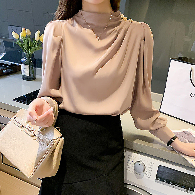 Stand Collar Pleated Lantern Sleeve Long Sleeve Top Loose Women's Shirt