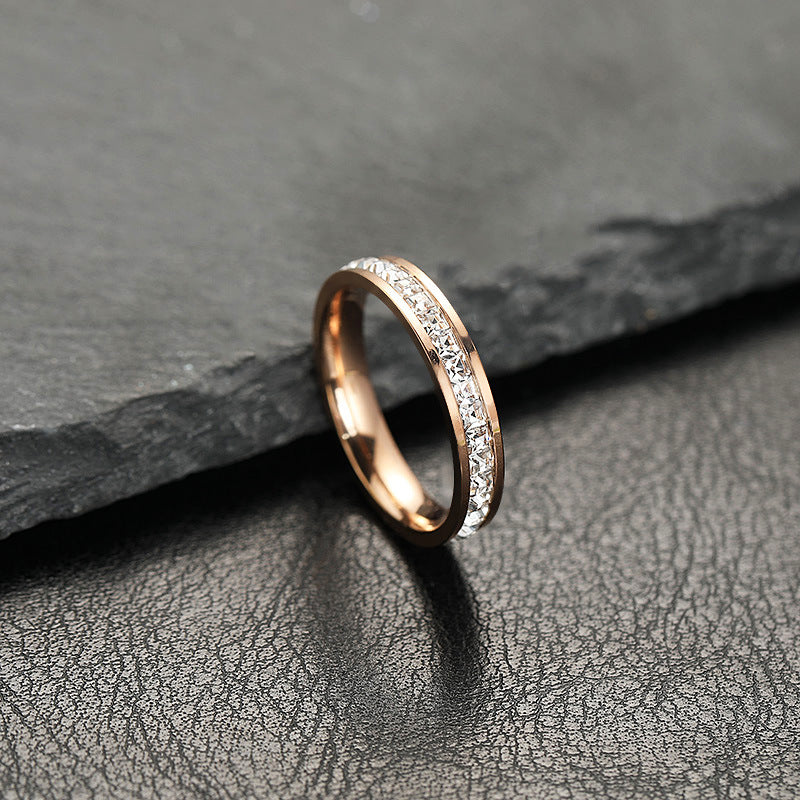 Anillo de circón de una y dos hileras de acero inoxidable simple a la moda para mujer