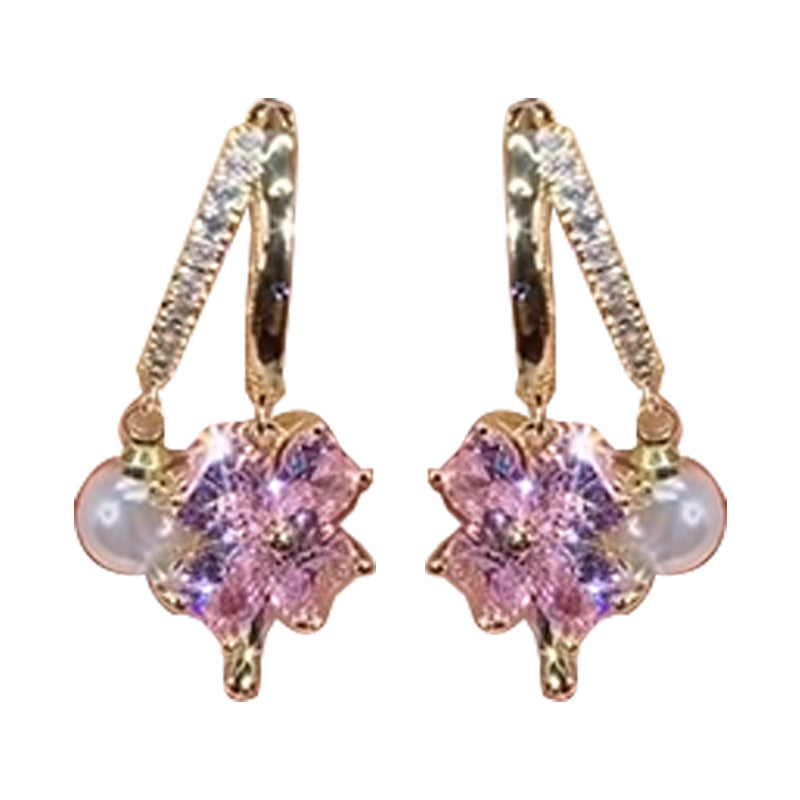 Purple Crystal Four-leaf Flower Pearl Ear Clip