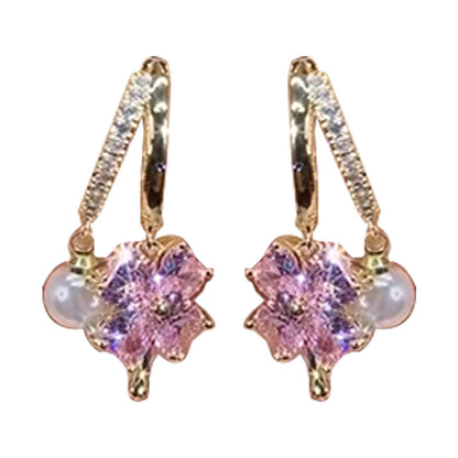 Purple Crystal Four-leaf Flower Pearl Ear Clip