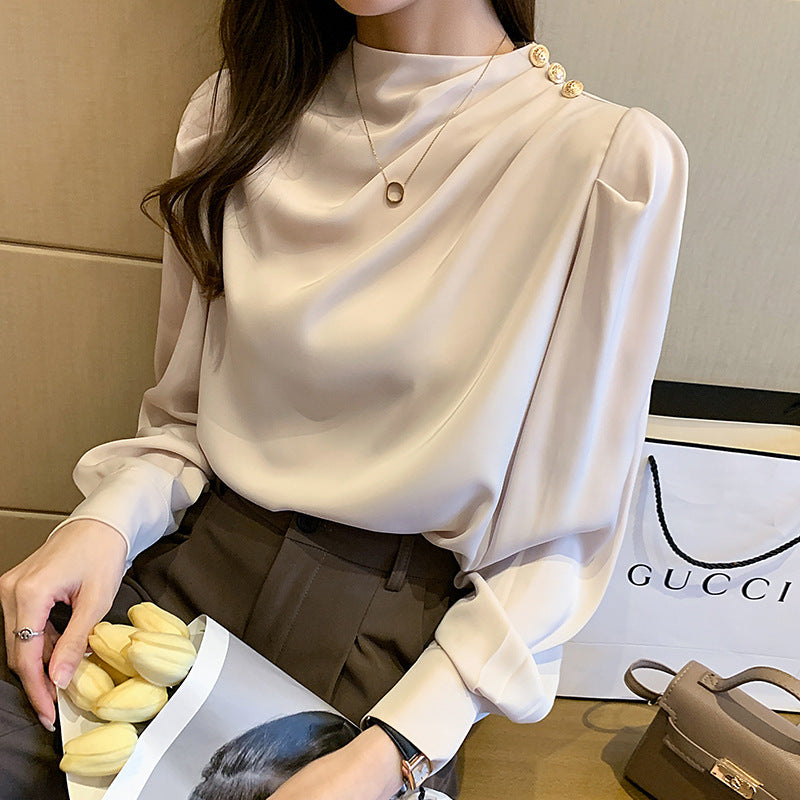 Stand Collar Pleated Lantern Sleeve Long Sleeve Top Loose Women's Shirt