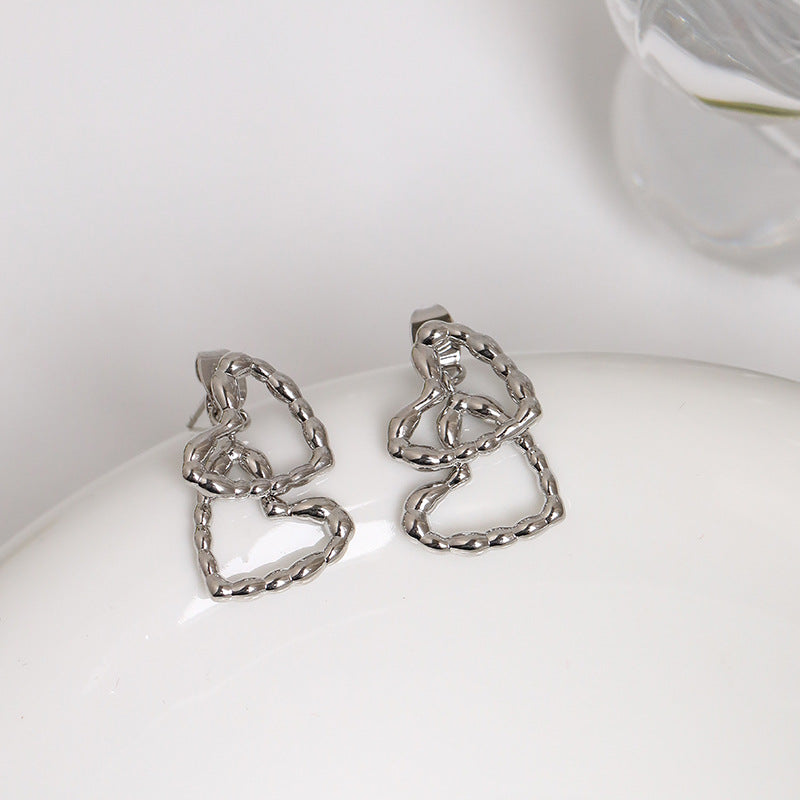 Boucles d'Oreilles Double Cœur Double Amour en Métal Femme