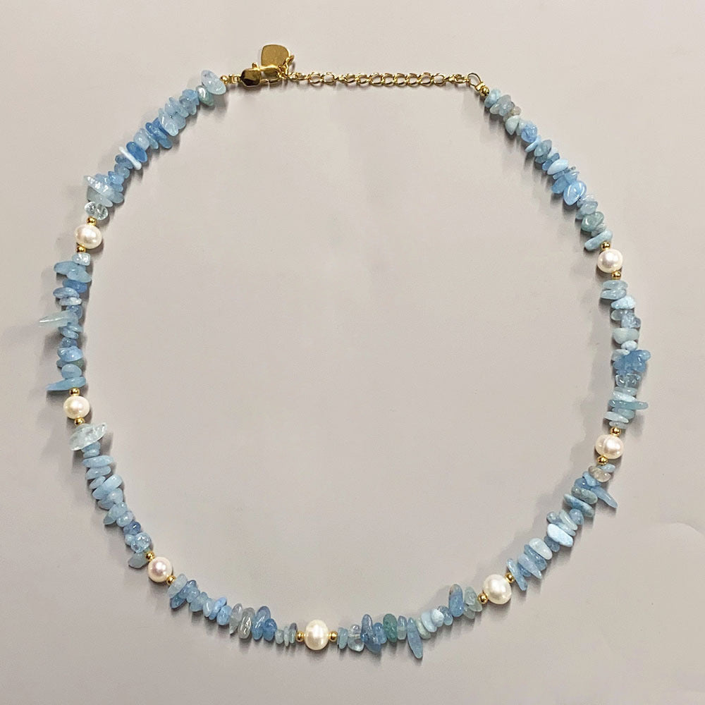 Collier de couture de gravier en pierre naturelle d'eau douce aigue-marine