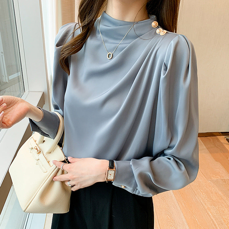 Stand Collar Pleated Lantern Sleeve Long Sleeve Top Loose Women's Shirt