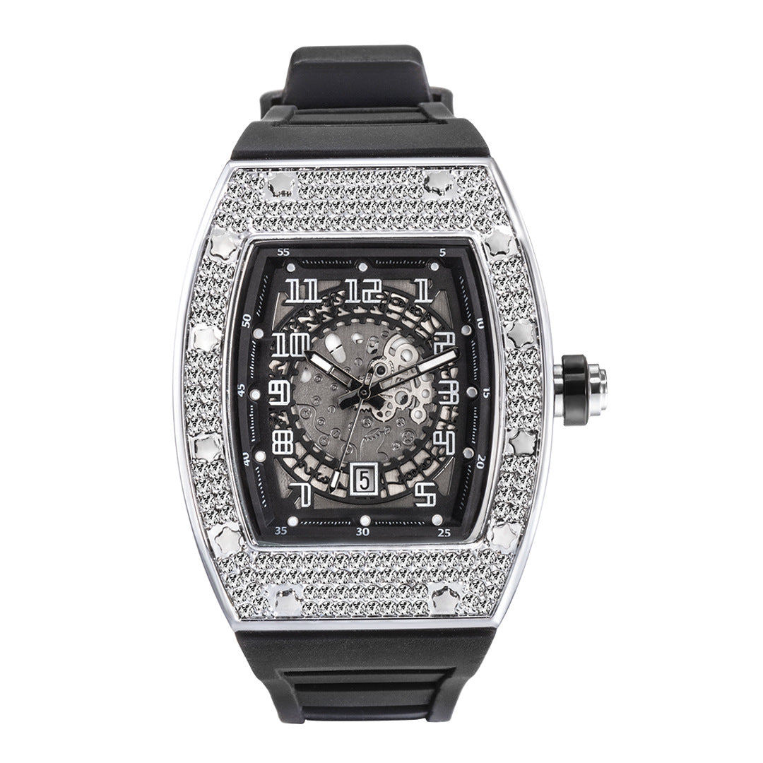 Reloj de hombre de cuarzo con banda de silicona Tonneau de diamantes completos