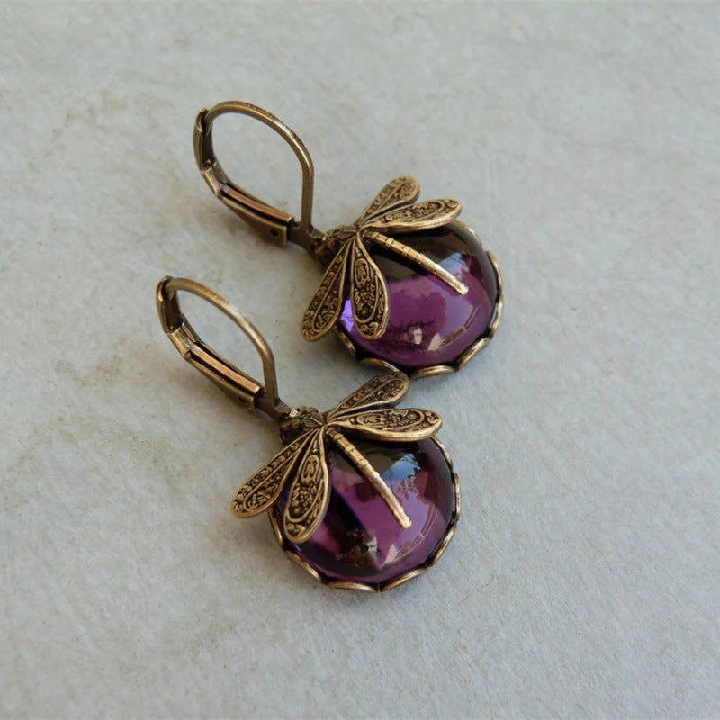 Boucles d'oreilles fantaisie motif libellule vintage pierre de lune en détresse