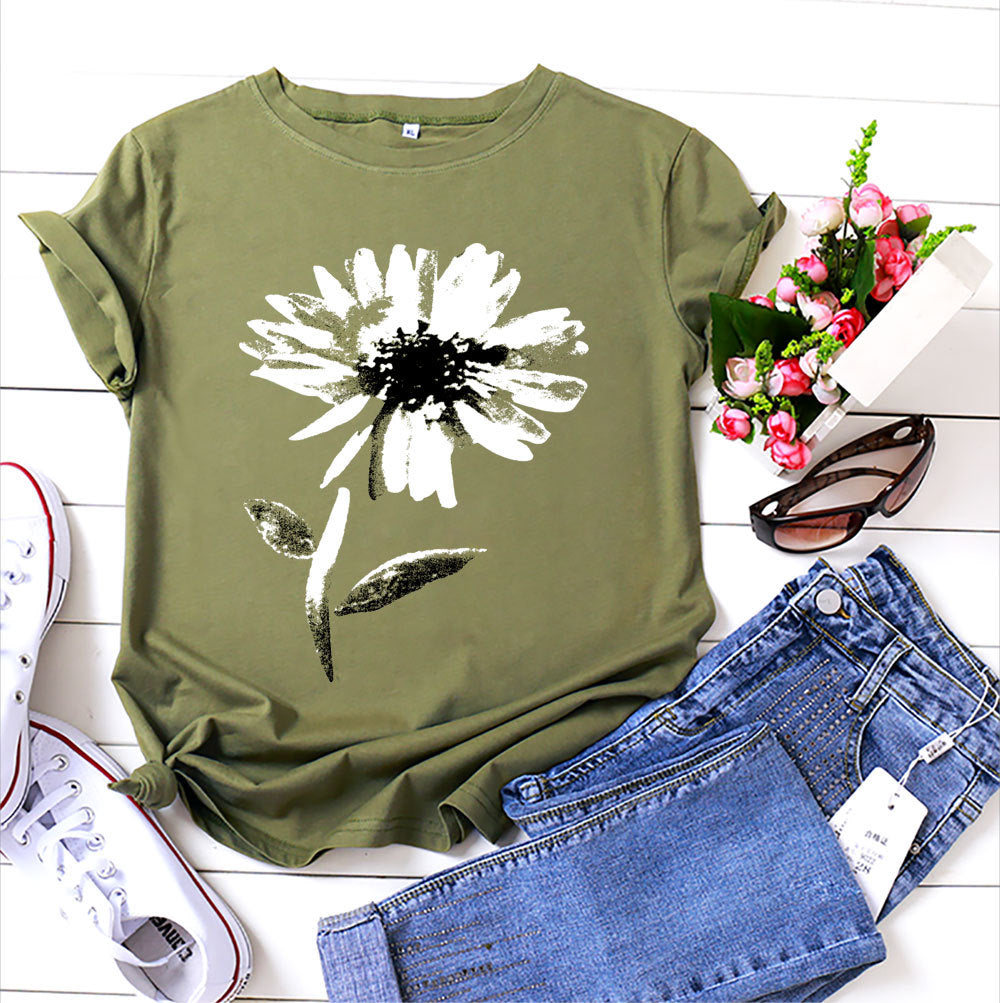 Women's Floral Printed Cotton Short-sleeved T-shirt Top